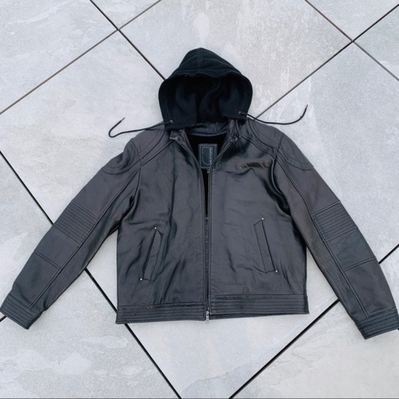 Knoles & Carter Jacket Black Leather Bomber Hoodie - Picture 9 of 16